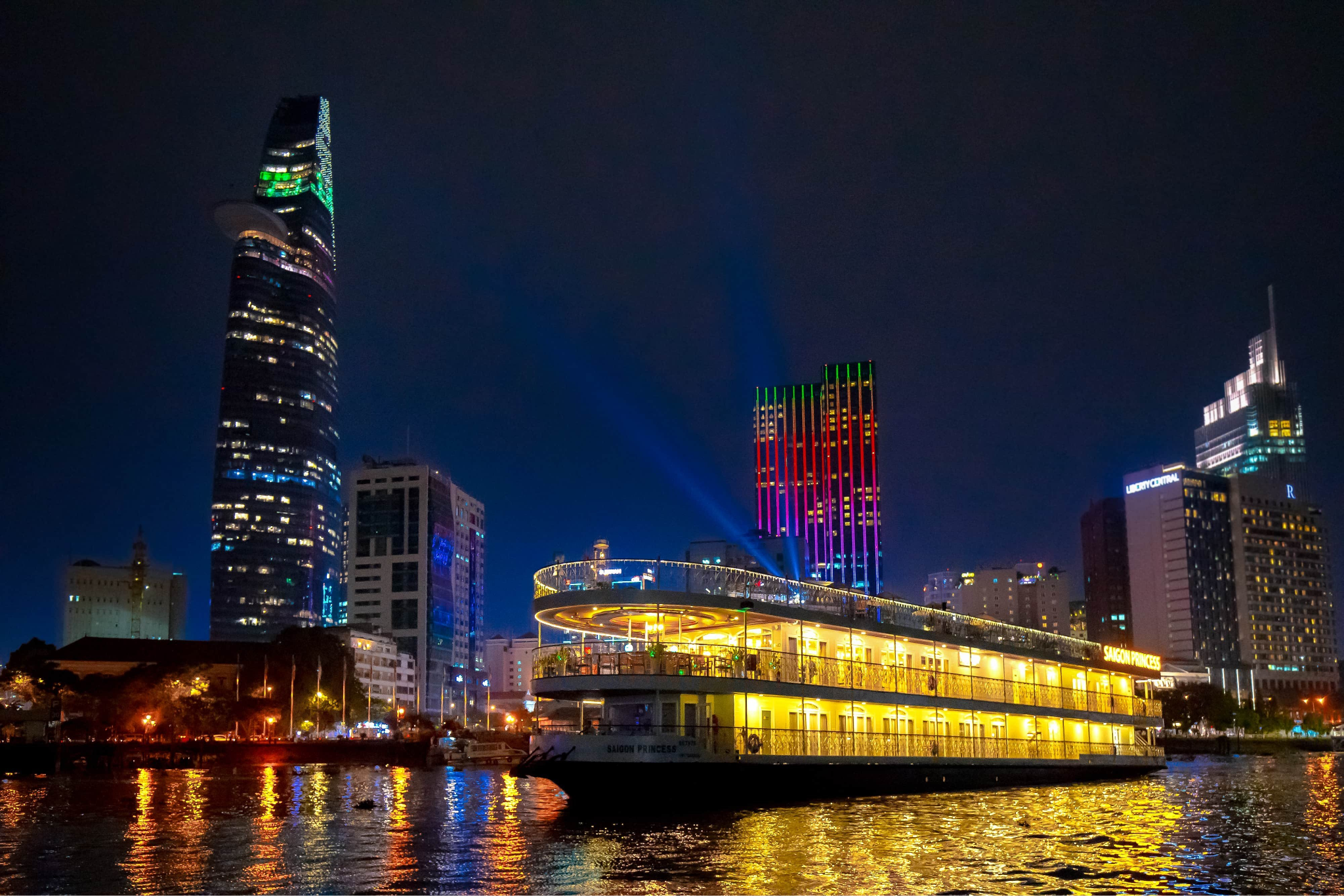 Experience the charm of Saigon from a different perspective with a scenic cruise along the Saigon River, offering stunning views of the city skyline at night 